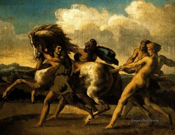 esclaves arrêtant une étude de Cheval pour la race des chevaux barbares 1817 Peinture à l'huile